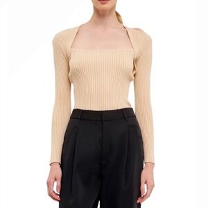 Endless Rose Ribbed Knit Bolero Shrug Top Square‎ Neck Long Sleeve Tan Sweater